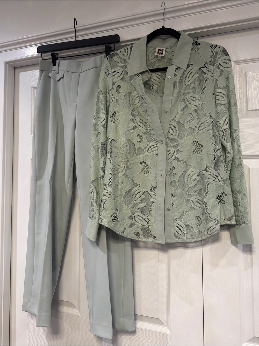 Anne Klein Sage Lace Button-Front Shirt with Matching Tank and Trousers